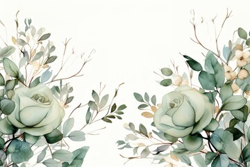 Watercolor floral border with green roses and leaves on a white background.