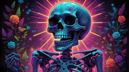 Psychedelic Bliss: Happy Skeleton Adorned with Vibrant Flowers
