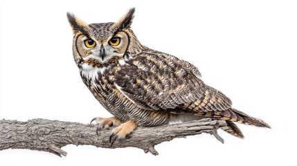 Obraz premium A majestic owl perched on a branch, showcasing its striking features and plumage.