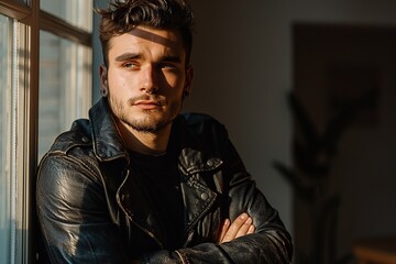 Obraz premium A professional close-up portrait of a man with a nose piercing, emphasizing his natural ruggedness and minimalistic grooming. The soft focus highlights his facial features