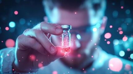 A scientist holding a vial with a colorful liquid against a backdrop of glowing beakers and flasks, emphasizing the dynamic and visually appealing nature of laboratory research.