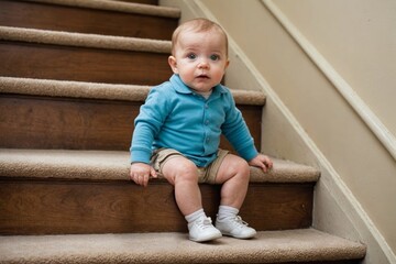 Naklejka premium Baby thinking of climbing up stairs