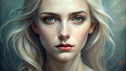 Fototapeta premium A Woman's Gaze Digital Painting of Blonde Woman with Blue Eyes - Digital Art, Portrait, Woman, Blonde Hair, Blue Eyes, Realistic Painting, Fantasy Art