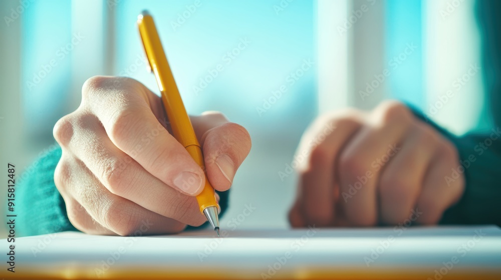 Poster A close up shot of a student hands writing an exam, emphasizing the focus and concentration required for testing.