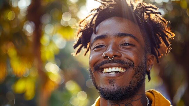 A professional close-up portrait of a man with a nose piercing, emphasizing his natural ruggedness and minimalistic grooming. The soft focus highlights his facial features