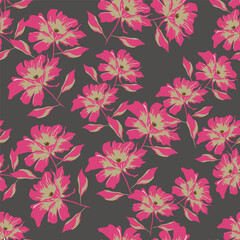 Elegance pink floral stems seamless pattern on a grey background. Vector hand drawn. Artistic, abstract flowers and tiny leaves, buds bells printing. Template for designs, fabric, fashion, textile
