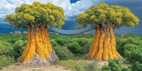 Impressive oversized yellow baobab trees connected by a suspended bridge in a vibrant green forest under a dramatic sky