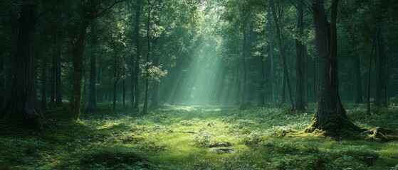 Fototapeta premium Tranquil Forest Landscape Bathed in Soft Sunlight During Early Morning Hours