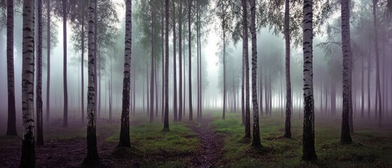 Misty Forest Path Surrounded by Tall Birch Trees Under Gentle Morning Light