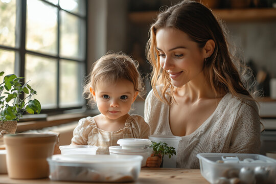 A family practicing sustainable living at home with reusable products and recycling bins, captured in a bright and modern setting with natural light.