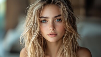 Young Woman With Long Wavy Hair Posing in Soft Natural Light Indoors