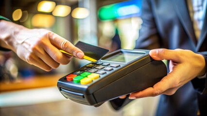 Close-up Perspective of Hand Swiping Credit Card on POS Terminal, Black Card with Yellow Stripe, Retail Payment Process, Digital Transaction, Contactless Payment, Point of Sale, Commerce