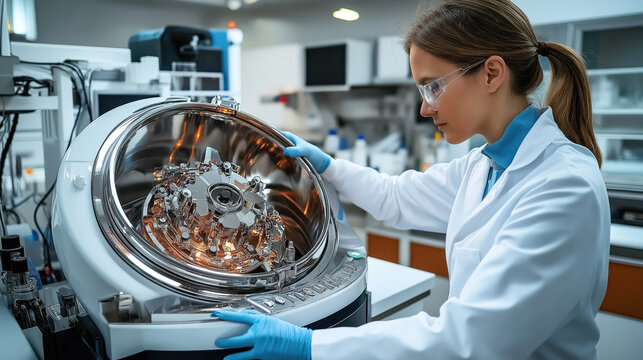 A female scientist in a laboratory wearing a white lab coat and protective glasses, operating a high-tech centrifuge machine with blue gloves.