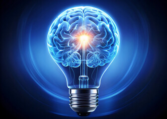 Bright Blue Brain Light Bulb with Illuminated Center, Symbolizing Intellectual Power and Innovative Ideas