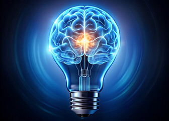 Futuristic Brain-Shaped Light Bulb in Blue, Symbolizing Cognitive Power and Creative Innovation