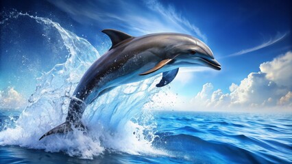 Fototapeta premium Dolphin Leaping Through a Wave A Digital Illustration of a Dolphin in Flight Over the Ocean with Blue Skies and White Clouds - Wildlife, Ocean, Nature, Aquatic, Marine Life, Digital Art