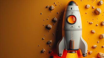Cute rocket toy is launching on orange background copy space.Panoramic shot. Generative AI.