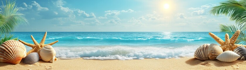   Beach Icons Illustration with Sun and Shell Elements, Tropical Scene Background for Text Space