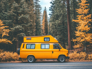 Obraz premium Retro yellow van surrounded by Fall scenery