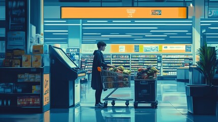 Fototapeta premium A person shopping late at night in a brightly lit supermarket aisle with a cart full of groceries