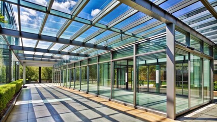 Obraz premium Glass Canopy Corridor - Modern Architecture, Geometric Design, Skylight, Steel Structure, Sunlight, Shadow, Walkway