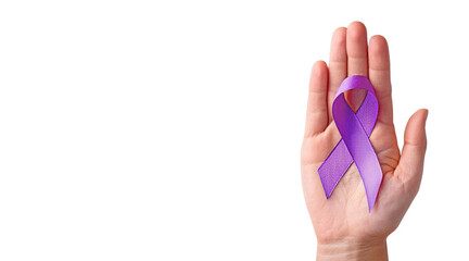 Hand holding purple awareness ribbon on transparent or white background
