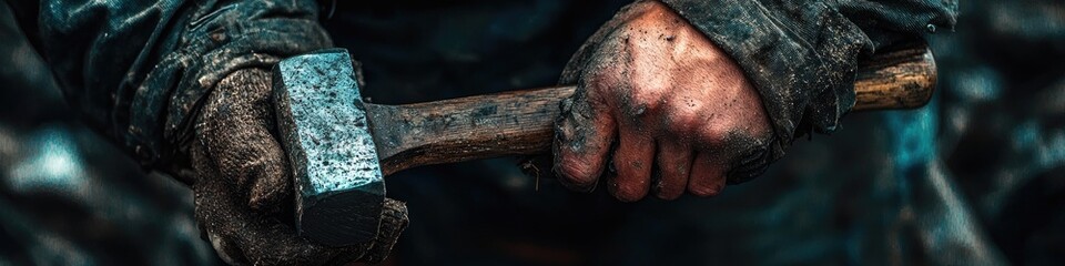 a man holds a hammer close-up. Selective focus