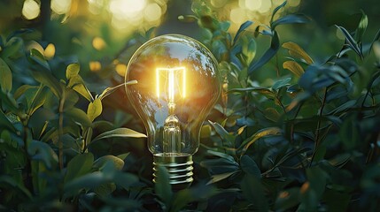 the concept of a light bulb glowing on the background of nature. Selective focus