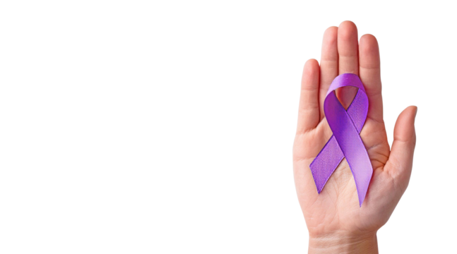 Hand holding purple awareness ribbon on transparent or white background