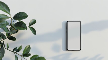 Minimalist Smartphone Mockup with Green Leaves