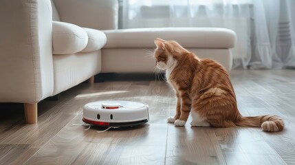 A ginger cat watches a robotic vacuum cleaner clean the wooden floor in a modern living room.