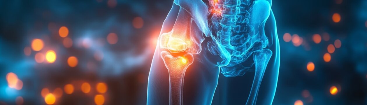 hip joint with bursitis pain highlighted in the style of an X-ray on screen show 