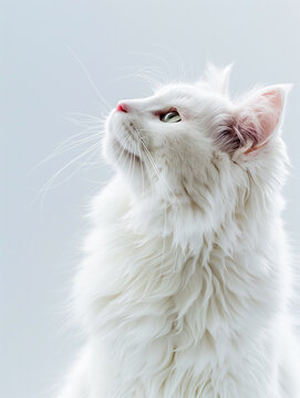 A cute white cat standing in profile on a light background. Generative AI.