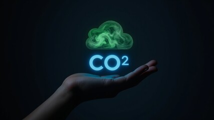A striking image symbolizing the human impact on climate change. A hand holds a glowing green cloud emitting blue light, representing captured CO2.
