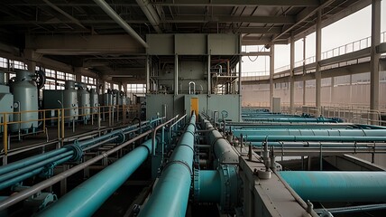 Obraz premium Operational View of Industrial Equipment at a Wastewater Treatment Facility. Generative AI.