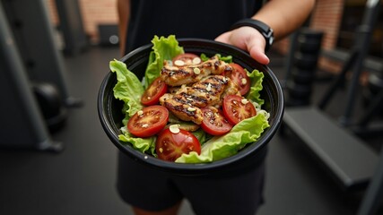Healthy Gym Lunch, Grilled Chicken Salad, A nutritious grilled chicken salad served in a black bowl, featuring fresh lettuce, tomatoes, and protein. Perfect for fitness enthusiasts.