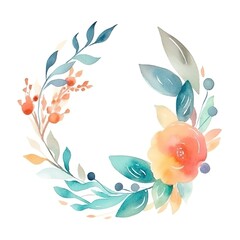 Watercolor floral wreath with leaves and flower.