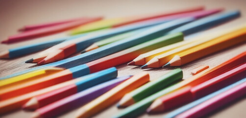 illustrative and colorful illustration of crayons and pencils in bright colors on white paper