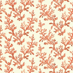 Fototapeta premium Terracotta orange coral branches and seaweed illustration in a seamless watercolor pattern on a warm cream background.