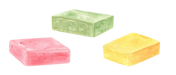 Craft Soap bars. Homemade pink, yellow and green scented soaps. Hygiene natural product. Fragrant bath soap for skin care. Watercolor illustration. Clip art for design of shops, spa decor, packaging