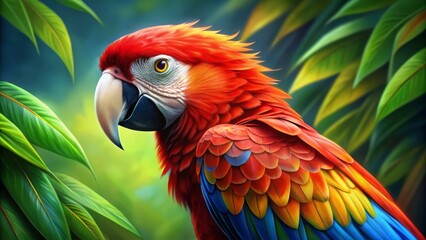 Obraz premium Scarlet Macaw in Lush Greenery Digital Painting, Vibrant Colors, Tropical Bird, Parrot, Wildlife, Nature, Amazon Rainforest