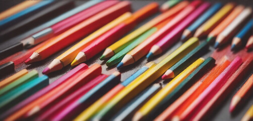 illustrative and colorful illustration of crayons and pencils in bright colors on white paper
