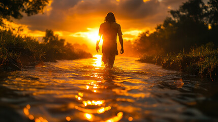 Jesus Christ Walking on Water at Sunset Golden Hour Devine Miracle Religious Serenity Inspirational Spirituality Peaceful Nature Scene