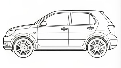 Side View Line Drawing of a Hatchback Car, Black and White Illustration, Simple Design, Minimalist, Car Sketch, Transportation Design, Automotive Illustration