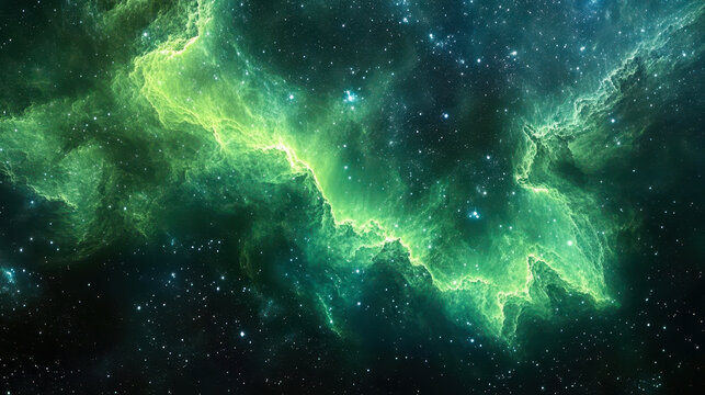 Vivid Green Nebula in Deep Space with Starfield, Cosmic Clouds and Interstellar Dust, Mystical Space Background, Astrophotography for Science and Astronomy Enthusiasts