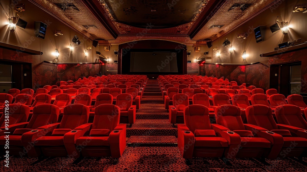 Poster empty movie theater with brown plush seats and a screen in the front.