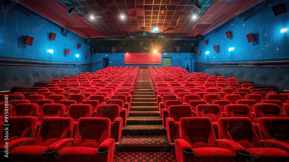 Poster empty red velvet seats in a movie theater. the rows of seats are facing the screen, which is not vis