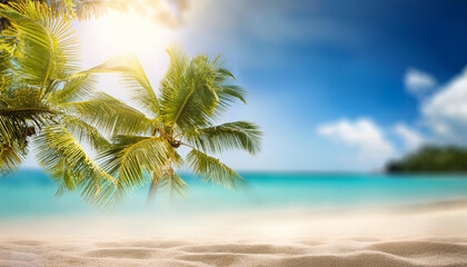 tropical beach backdrop in blur. Summertime getaway