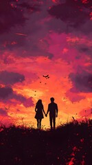 Fototapeta premium Silhouette of a couple holding hands against a sunset sky, a man and woman standing in front of a pond at dusk with pink and orange clouds, golden hour light, romance concept