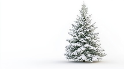 A snow-covered evergreen tree against a white background, symbolizing winter and holidays.